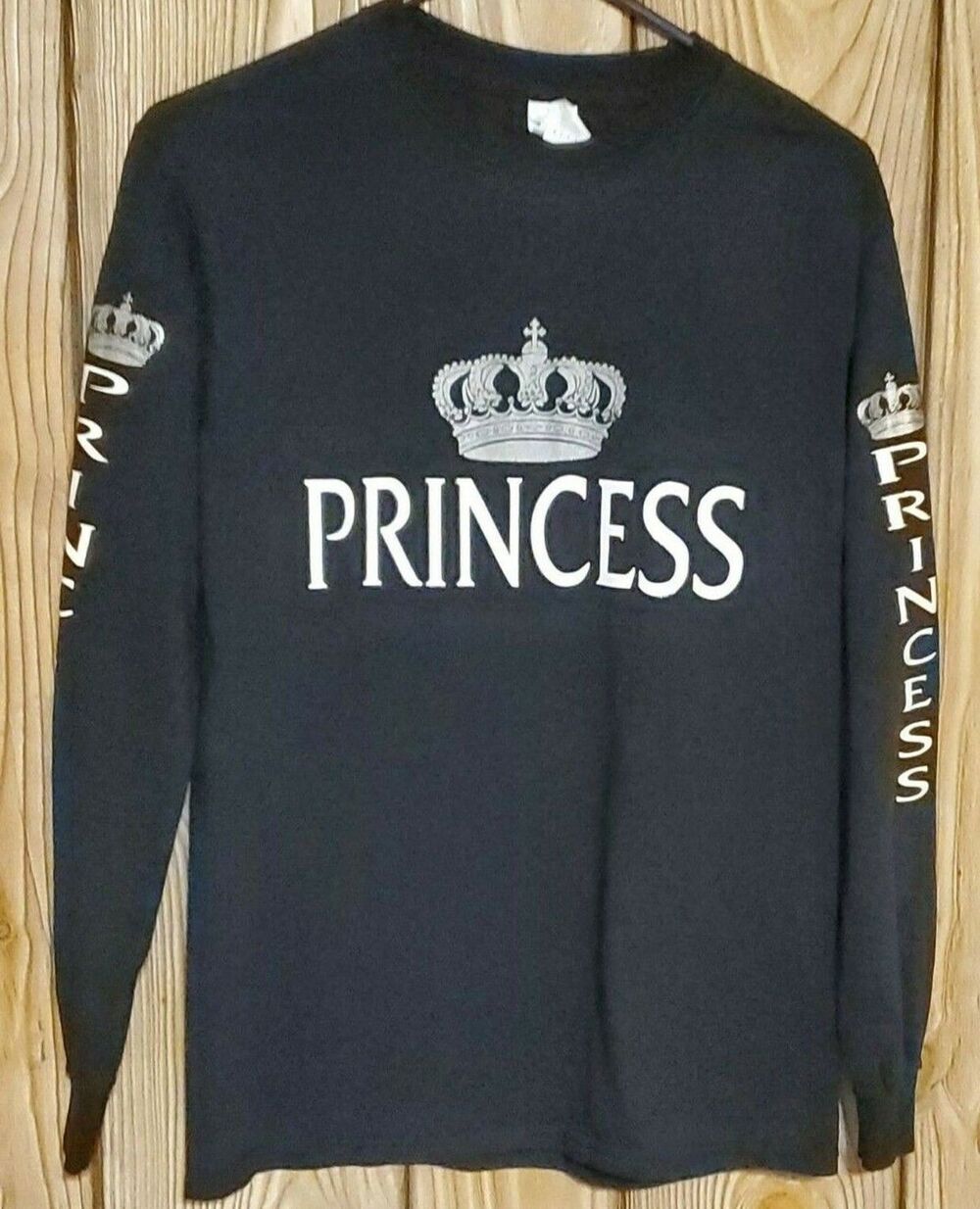 NEW Gildan T-Shirt Womens Small Long Sleeve Black Cotton Princess Spell Out